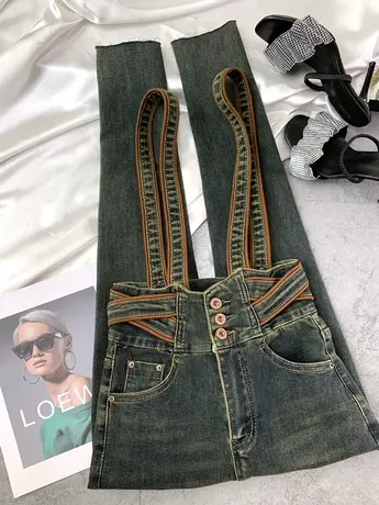 韩版排扣交叉牛仔背带裤女2023秋季新款弹力显瘦高腰小脚裤吊带裤图片