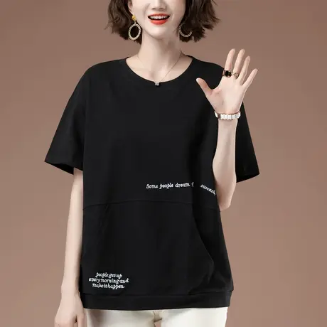 加肥加大码短袖t恤女夏季新款宽松中年妈妈纯棉刺绣百搭显瘦体恤商品大图