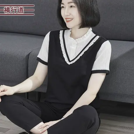 2023夏季新款韩版简约木耳边撞色拼接假两件短袖T恤上衣外穿女装商品大图