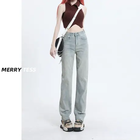 窄版牛仔裤女夏季2023年新款设计感怀旧高腰显瘦修身弹力直筒裤子商品大图