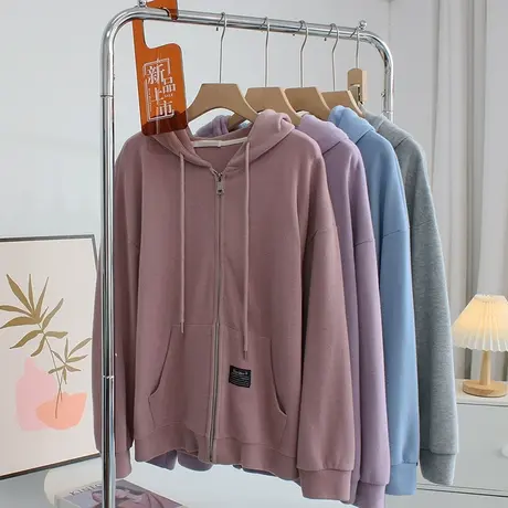 软糯贴标连帽拉链卫衣女春秋季2023新慵懒风宽松运动休闲开衫外套商品大图