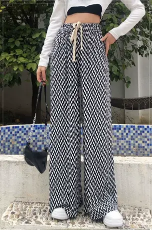 阔腿裤女夏2023年新款高腰垂感夏季薄款小个子冰丝直筒抽绳休闲裤图片