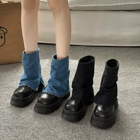 百搭复古马丁靴女款夏季2023年新款设计感小众裤管靴粗跟厚底短靴图片