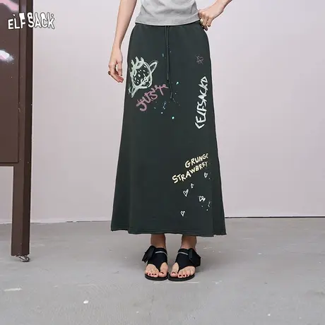 妖精的口袋草莓字母印花半身裙女2025早秋新款直筒显瘦卫衣裙长裙图片