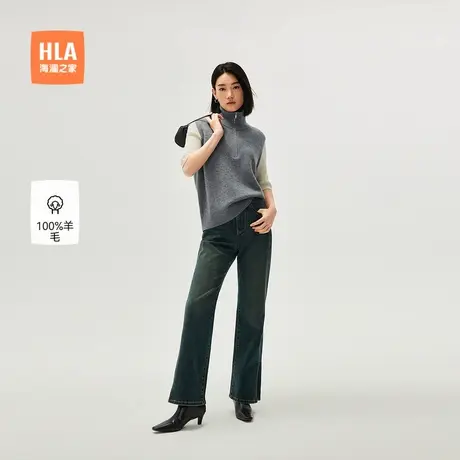【纯羊毛】HLA/海澜之家通勤针织背心秋新半开襟内搭无袖毛衣女装商品大图
