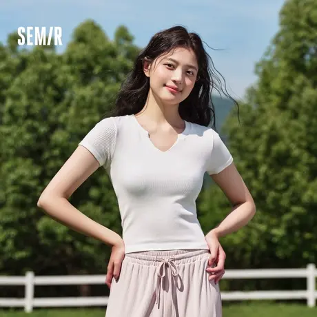 森马内衣女简约纯色短袖上衣修身显瘦V领打底温柔软糯内搭可外XY商品大图