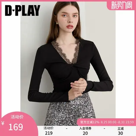 DPLAY2025年秋季新款黑色t恤女独特法式拼接蕾丝修身长袖上衣商品大图