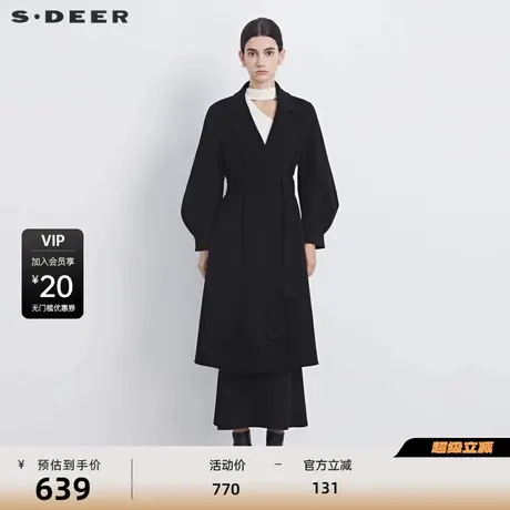 sdeer圣迪奥女装小香风西装领收腰毛呢长款大衣S234Z1801商品大图