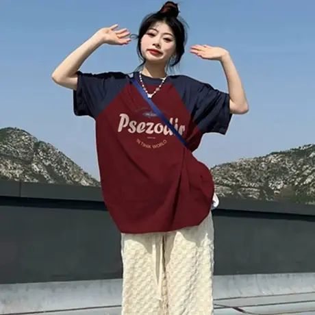 美式复古潮牌插肩纯棉短袖t恤女夏季宽松韩系半袖设计感小众上衣图片