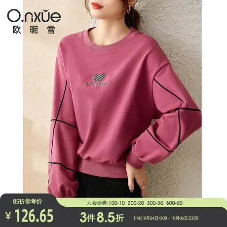 欧昵雪2023秋装新款明线立体蝴蝶字母绣花圆领卫衣女长袖通勤宽松图片