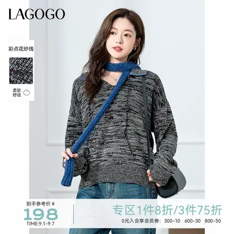 LAGOGO翻领抽绳针织衫女拉谷谷2025秋新款深灰色复古宽松上衣商品大图