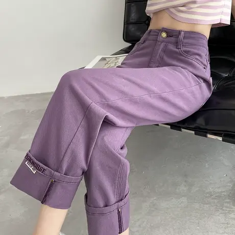 紫色直筒牛仔裤女翻边夏季薄款高腰窄版显瘦小众九分小个子烟管裤图片
