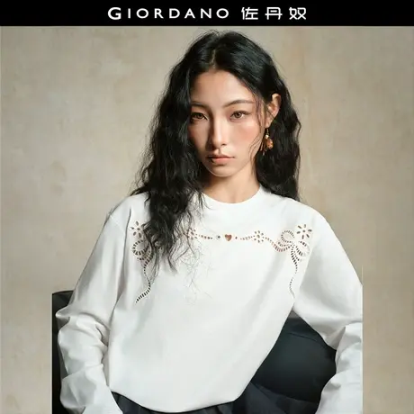 设计师款佐丹奴长袖T恤女新款纯棉镂空绣花宽松圆领上衣18325922商品大图