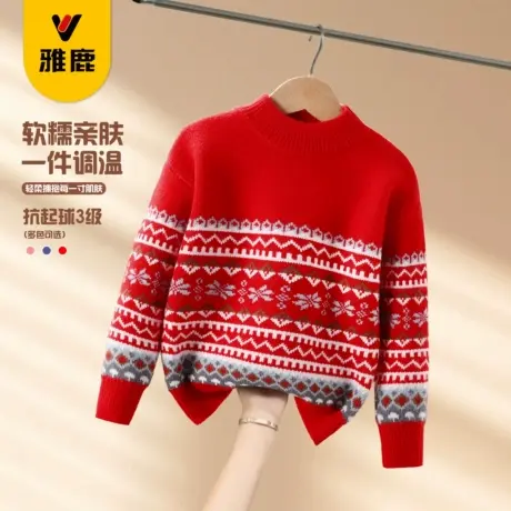雅鹿女童年服红色毛衣加厚新年冬季新款儿童加绒中大童打底针织衫图片