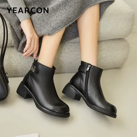 意尔康女靴2025新款秋冬季真皮短靴女粗跟加绒高跟靴子时装短筒靴图片