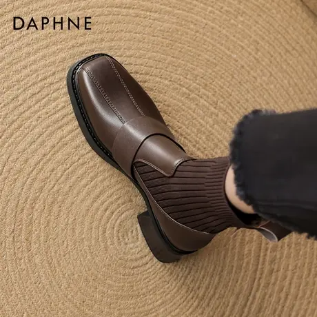 达芙妮加绒短靴女2026冬季新款粗跟针织瘦瘦靴弹力袜靴方头马丁靴商品大图