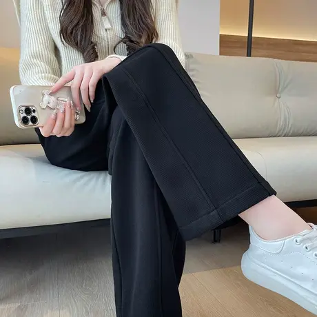 黑色窄版雪尼尔阔腿裤女秋冬新款高腰宽松垂感加绒小个子灯芯绒裤图片