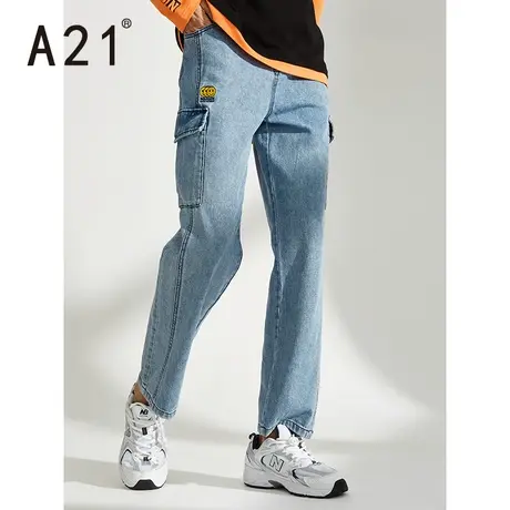 A21outlets秋季男装 宽松直筒牛仔裤低腰笑脸图案长裤潮版ins图片