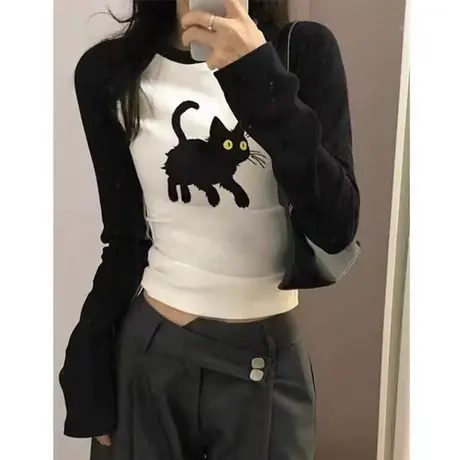 拼接撞色插肩长袖T恤女秋季韩版修身显瘦卡通印花内搭打底衫上衣商品大图