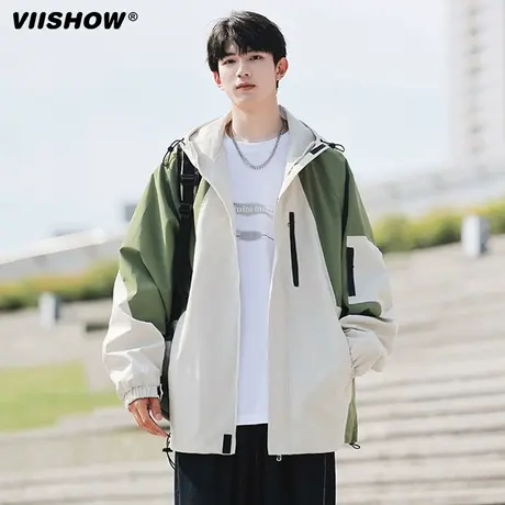 VIISHOW户外冲锋衣男秋冬款潮牌连帽拼接宽松外套时尚百搭夹克衫商品大图