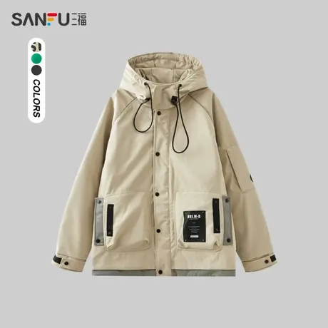 三福2023冬男士防风户外短棉衣 潮流织唛宽松连帽外套男472966图片