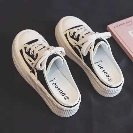 夏季网红半拖帆布鞋女鞋2023新款夏款懒人一脚蹬饼干板鞋脚踩布鞋商品大图