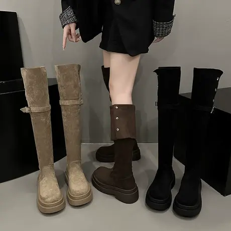 永希靴子长靴女2023秋季新款网红显瘦百搭复古厚底洋气过膝瘦瘦靴图片