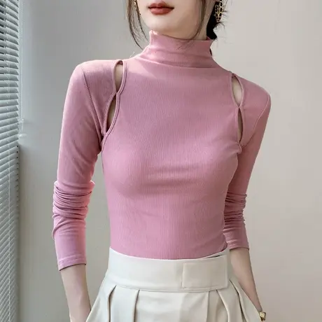 半高领磨毛打底衫女2023秋冬新品小心机内搭长袖t恤正肩上衣白色图片