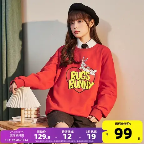 [兔八哥联名]唐狮2023春季新款女卫衣圆领时尚宽松复古潮流感上衣商品大图