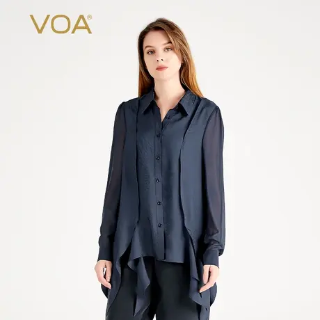 VOA桑蚕丝暗纹提花藏蓝POLO领长袖单排扣不规则下摆真丝直筒衬衫图片