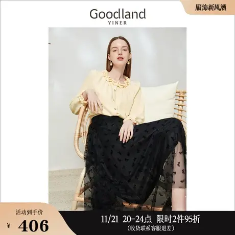 Goodland美地女装2023春季公主袖千鸟格肌理暗纹木耳边领衬衫商品大图
