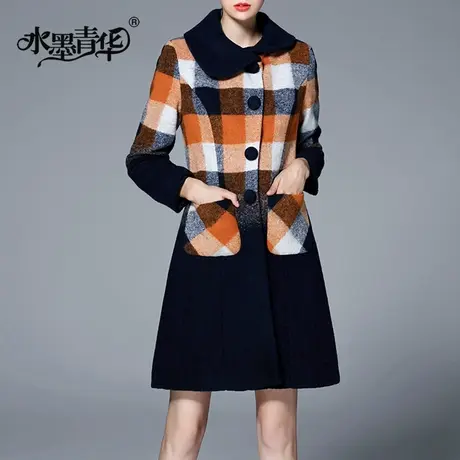 水墨青华2024春季新款时尚大气优雅中长款格子毛呢外套大衣商品大图