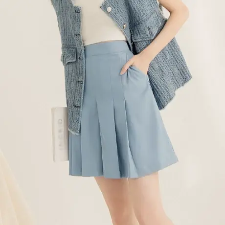 桔熊夏季通勤纯色后高腰松紧不易皱打褶短裤裙子女装大码BA7178商品大图