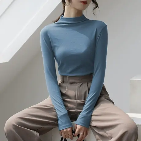 2023年新款春秋冬季白色洋气半高领百搭打底衫内搭黑色长袖t恤女图片