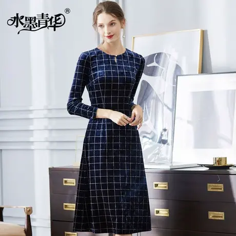 【1件7.9折】冬季新款简约修身时尚格纹长袖丝绒连衣裙图片