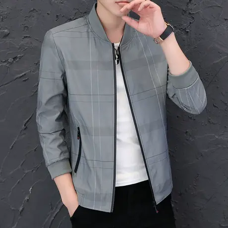 夹克男春秋装薄款上衣开衫男装潮流外套格子外穿秋衣秋季立领卫衣商品大图