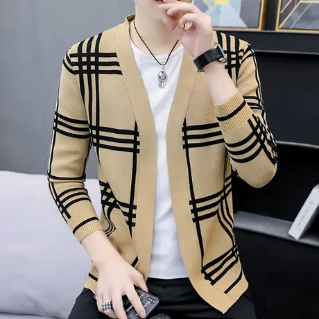 开衫针织毛衣潮牌慵懒风外套秋季男士格子秋装帅气韩版外穿线衣潮图片