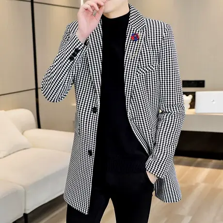 外套男士秋冬季新款男装韩版格子呢子大衣青年潮牌中长款毛呢风衣图片