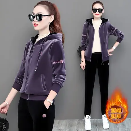 双面金丝绒运动套装女秋冬时尚中年妈妈加绒加厚卫衣休闲服两件套商品大图