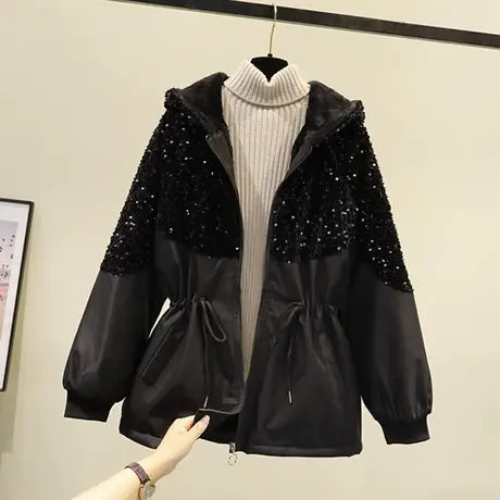 2023秋冬季加绒黑色时尚棉袄亮片拼接连帽抽绳收腰棉衣宽松外套女图片