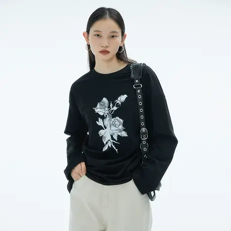 omont蛋挞家 印花长袖T恤女2023年新款复古圆领休闲宽松黑色上衣商品大图