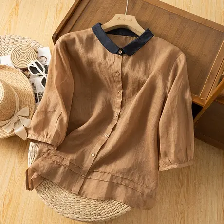 享永子七分袖苎麻上衣宽松薄款外搭2023夏季新款棉麻文艺复古衬衫商品大图
