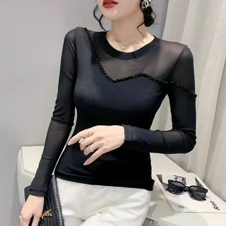 时尚钉珠打底衫女长袖2024春秋新款圆领修身T恤性感网纱洋气上衣图片