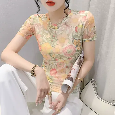 2024夏装新款圆领网纱T恤女短袖气质减龄漂亮上衣复古印花小衫ins商品大图