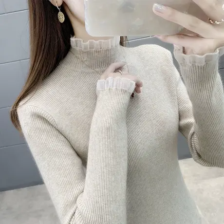 女士毛衣2023新款爆款秋冬季半高领洋气蕾丝内搭打底衫女秋冬百搭商品大图