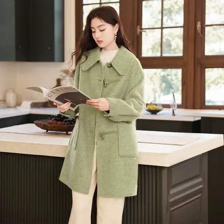【直播间】香影绿色牛角扣双面呢大衣女2023秋冬新款羊毛娃娃领商品大图