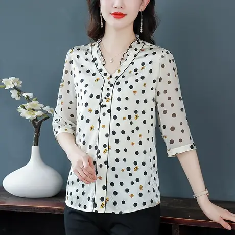 高档真丝衬衫女洋气短袖上衣小衫夏季女装新款百搭设计感遮肉衬衣图片