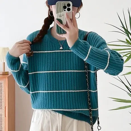 夹色条纹圆领针织套头打底衫2023秋冬新款宽松时尚保暖毛衣女上衣商品大图