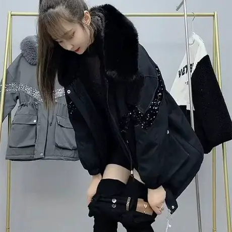 亮片拼接派克服女2023新款韩版大毛领加绒棉衣外套小个子显瘦棉服图片