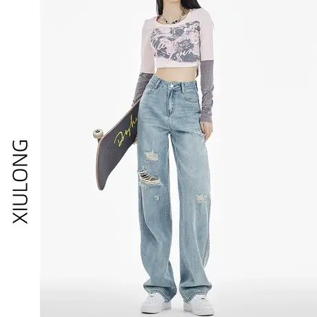 浅色破洞直筒牛仔裤女春秋季2023年新款显瘦宽松梨型窄版阔腿裤子图片